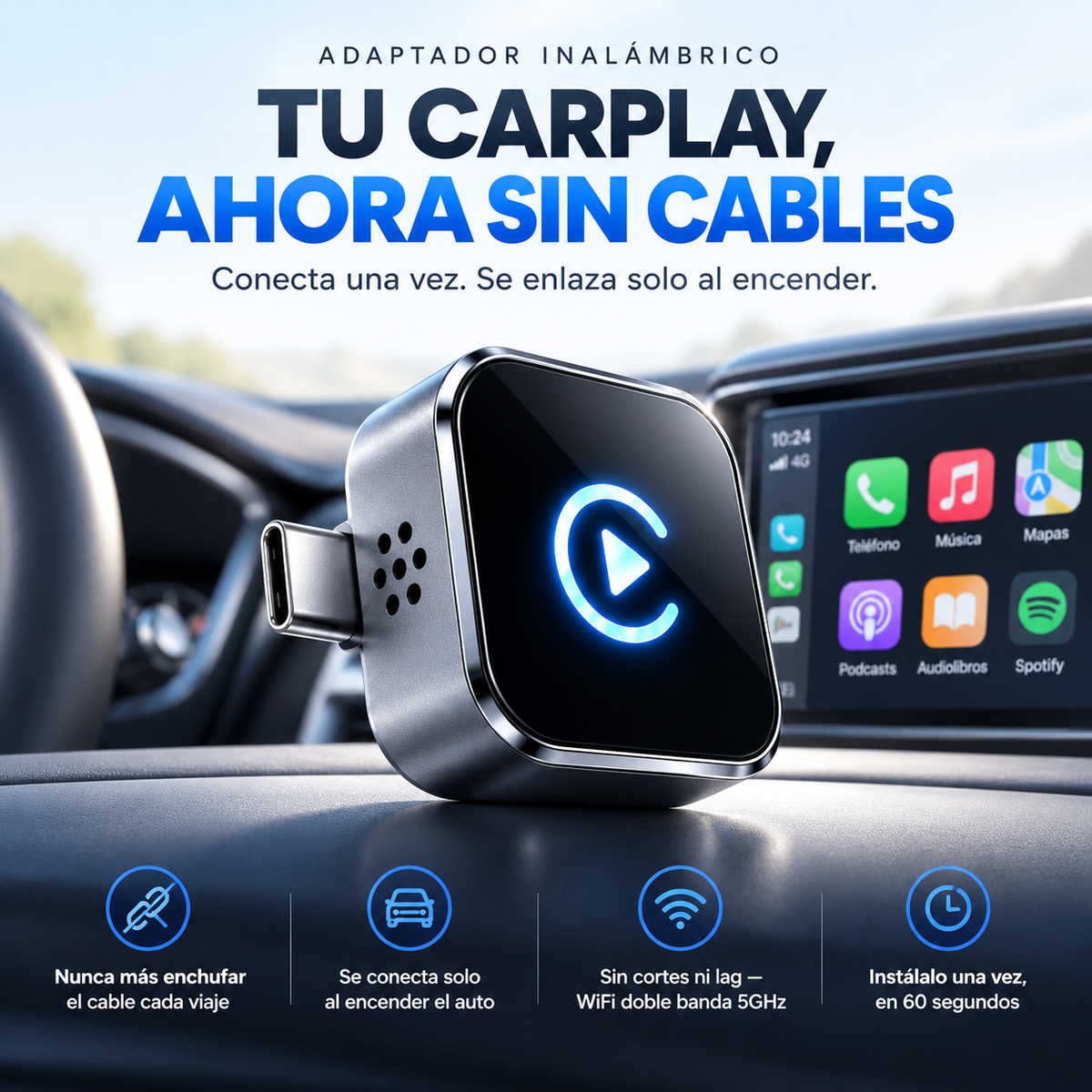 Adaptador CarPlay Inalámbrico — Conexión Automática Sin Cable