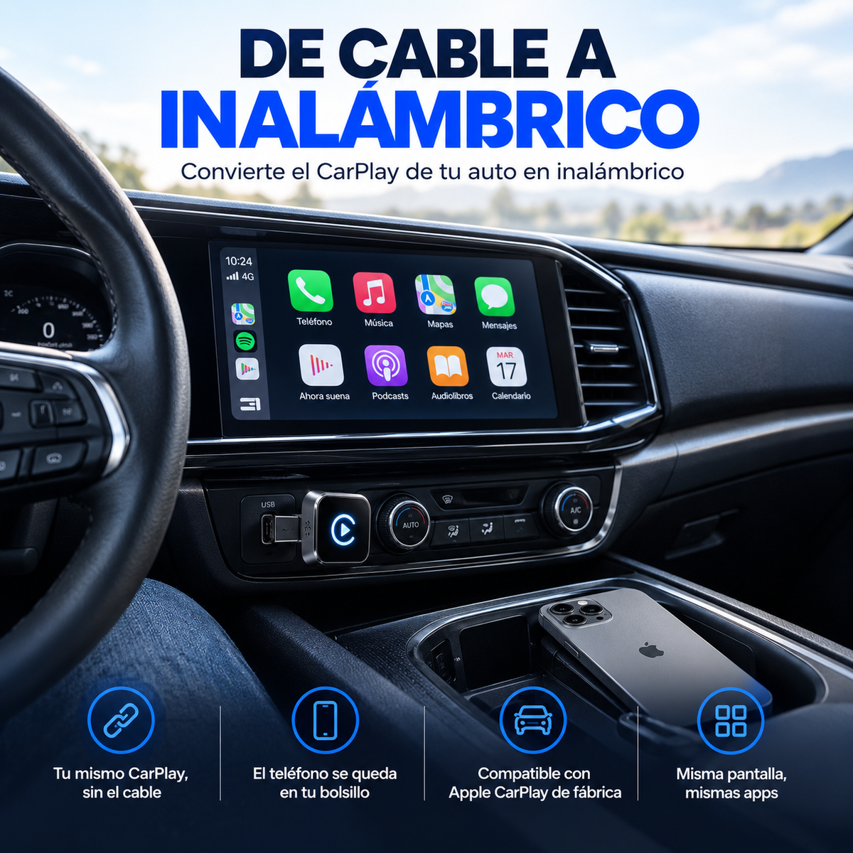 Adaptador CarPlay Inalámbrico — Conexión Automática Sin Cable