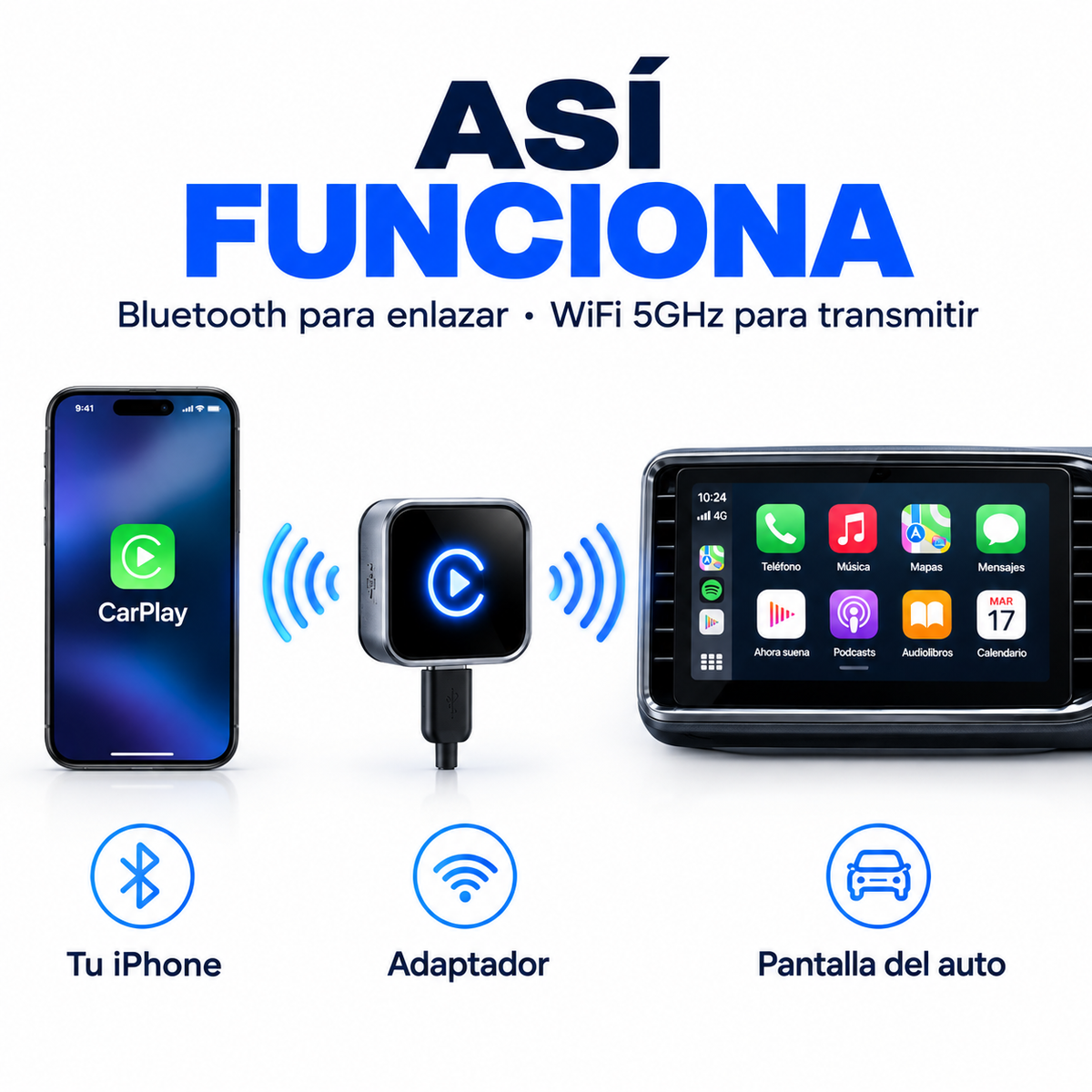 Adaptador CarPlay Inalámbrico — Conexión Automática Sin Cable
