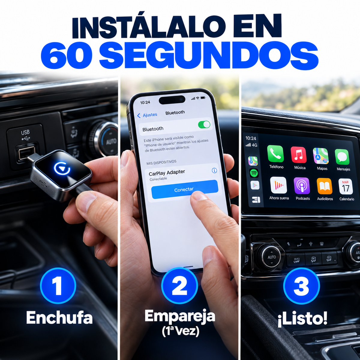Adaptador CarPlay Inalámbrico — Conexión Automática Sin Cable